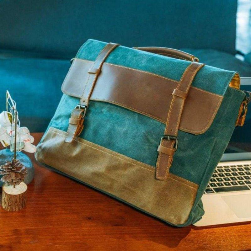 Ανδρική Τσάντα Laptop Messenger Από Κερωμένο Καμβά