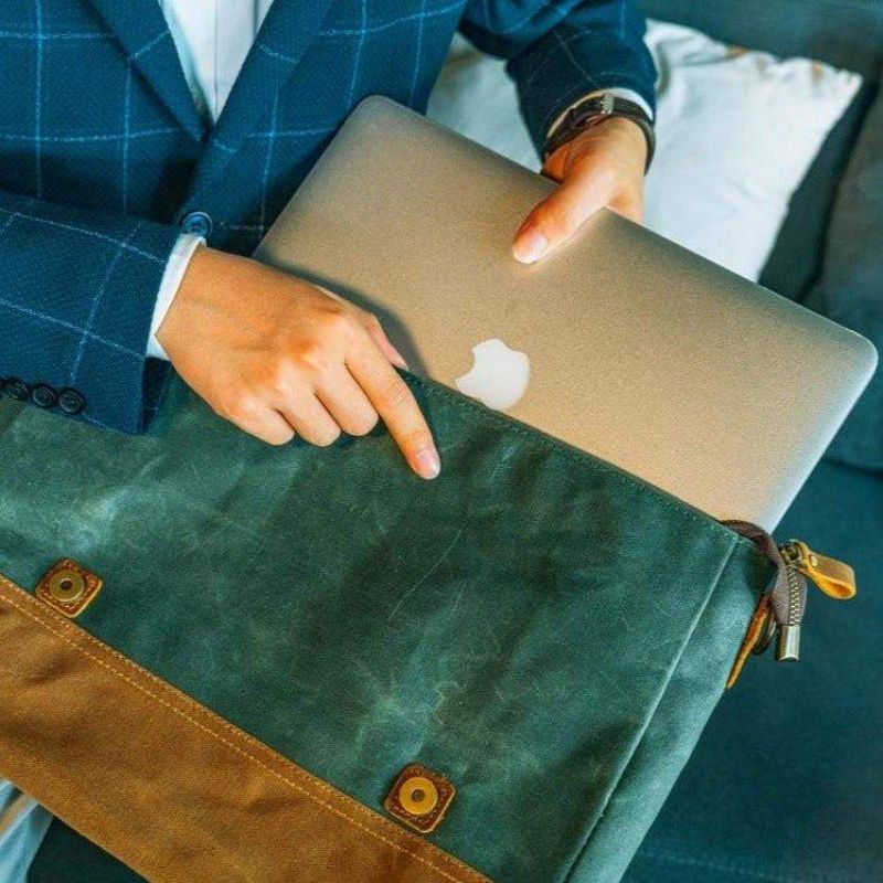 Ανδρική Τσάντα Laptop Messenger Από Κερωμένο Καμβά