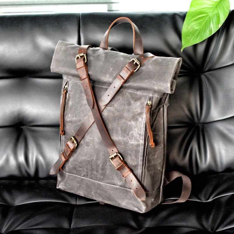 Ανδρικό Roll Top Canvas Backpack Vintage Σακίδιο Πλάτης