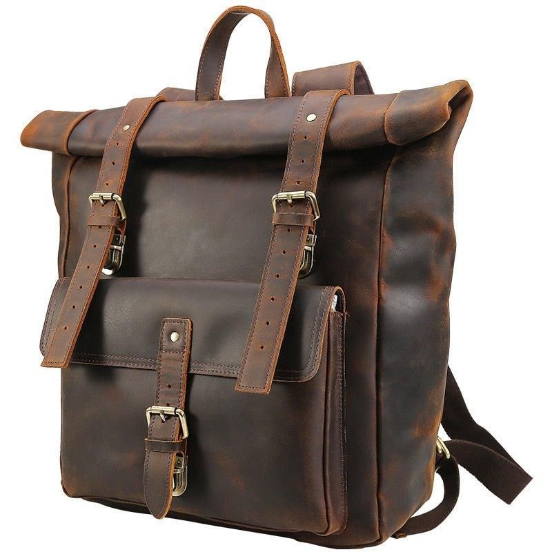 Μεγάλο Δερμάτινο Roll Top Backpack Laptop 17 Ιντσών