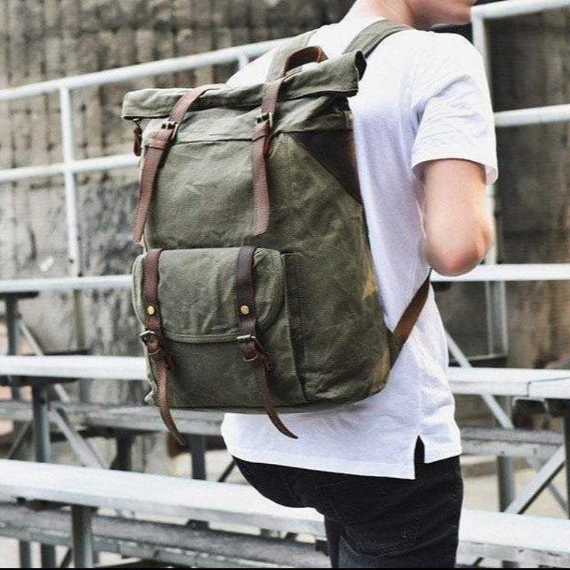 Σακίδιο Πλάτης Από Κερωμένο Καμβά Vintage Backpack Roll Top